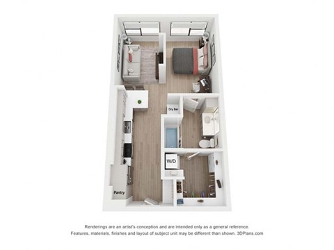 Floor plan for studio, 1 bath, 604 sqft